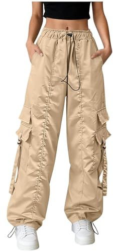 HUYTBYG Cargo fallskärmsbyxor kvinnor Y2K cargobyxor kvinnor hög midja promenadbyxor säckiga streetwear byxor vida ben hip hop byxor trendiga ankelspetsbyxor med användbara fickor