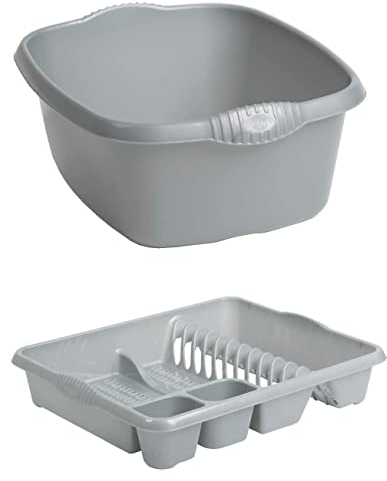 Large Dish Drainer and Rectangular Washing Up Bowl Plastic Home/Office/Kitchen Silver/Grey - Set of 2