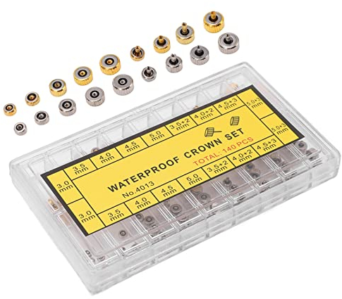 ViaGasaFamido Repuestos de Corona de Reloj Acero Inoxidable 140 Uds., Accesorios para Reparación de Corona de Reloj Portátil con Caja de Almacenamiento, Piezas de Recambio para Relojes de Pulsera