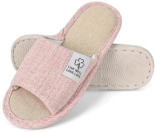 Colexy Women's Linen Indoor Slippers, Comfortable Slides, Memory Foam Non-Slip House Shoes, Open Toe, Lightweight Breathable Slip Ons, Ideal for Bedroom, Outdoor and Summer Use (Pink, 5-5.5)