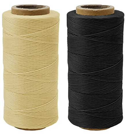 Uiopa 2 Stück Wachsfaden 520m 150d 1mm Dicker Flache Gewachster Faden Ledergarn Gewachst Sattlergarn für Lederhandwerk DIY, Schuhreparatur, Buchbinden (Beige+Schwarz)