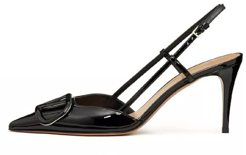 BlingQueen Women Heeled Slingback Sandals Closed Pointed Toe Stiletto High Heels Patent Leather Pumps Slip-On Backless Evening Prom Party Dress Shoes Black Size 5.5