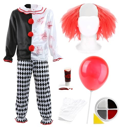 Costume de clown tueur de luxe pour homme – XL – Haut et pantalon de clown rouge, perruque de clown rouge, gants blancs, ballon rouge avec bâton, peinture faciale, faux sang – Déguisement d'Halloween