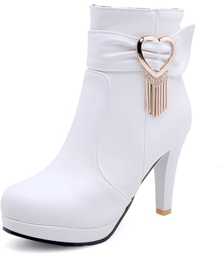 Lroey Reoly Stivaletti da Donna con Tacco a Spillo, Stivaletto Punta Rotonda Tacco Alto Stivali Corti Zip con Plateau Nappe, L17271Lg Bianco Numero 38 EU