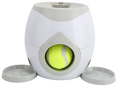 Hund Automatisk Bollkastare Interaktiv Hund Tennisboll Kastarmaskin Hundtennismat Belöningsmaskin med Platt Matningsbricka för Hundvalp 2 Bollar Medföljer Bollmaskin Hundtennis