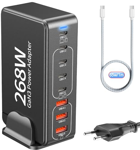 USB C Charging Station:268W 8-Port GaN III Fast Charger for Multiple Devices,USB-C PD 100W Fast Charging Desktop Charger,Compatible with iPhone, Samsung, MacBook, Dell and More