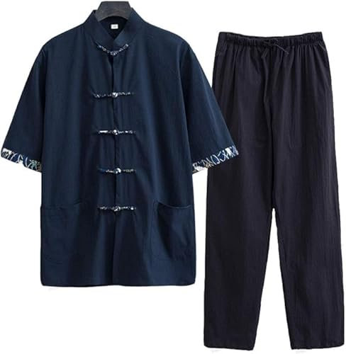 Traditioneller chinesischer Tang-Anzug, Kung-Fu-Hemd aus Baumwollleinen, Kampfsportanzug, kurzärmliges Hemd und Hose, lockere Shaolin-Tai-Chi-Kleidung in Übergröße, Wing-Chun-Uniform(Blue,XXXXXXX-Larg