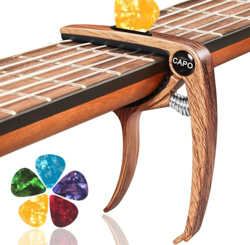 Kapodaster für Gitarre Capo Gitarre - Capodaster, Kapodaster Gitarre, inklusive 5 Plektren, für Akustikgitarre, E-Gitarre - Gitarren Equipment – Holzfarbe