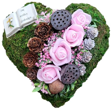 Der kleine Dekoladen Deko & Geschenke by Sabine Faust Lünen Herzförmiges Grabgesteck, 20 cm, Grabherz Grabschmuck künstliche Rosen, Zapfen, Buch Im stillen Gedenken
