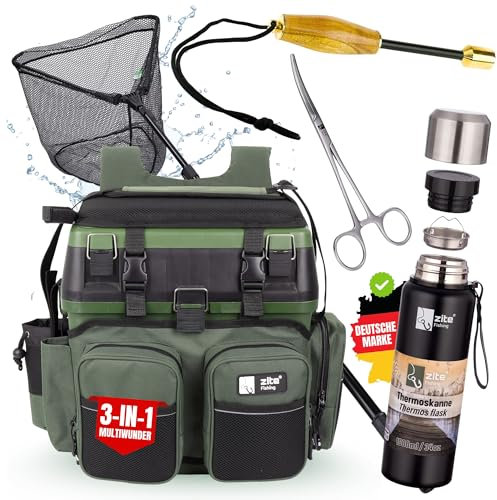 Zite Fishing Multi-Angelkoffer 3-in-1 Set | Angelrucksack + Kescher Gummiert + Hakenlöser + Fischtöter + Thermoskanne 1 Liter Doppelwandig | Angelzubehör Set | Sitzkiepe & Thermosflasche