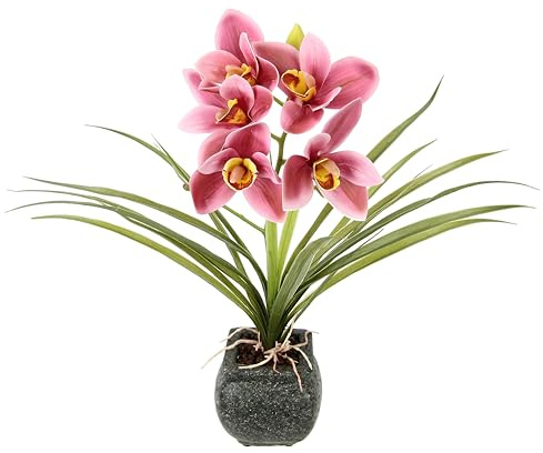 Konstgjord cymbidium-orkidé 40 cm med blad och luftrötter i kruka av keramik, konst, orkidé, phalaenopsis med ytterkruka, konstgjord växt, bröllop, dekoration, sidenblomma, äkta blomma, rosa