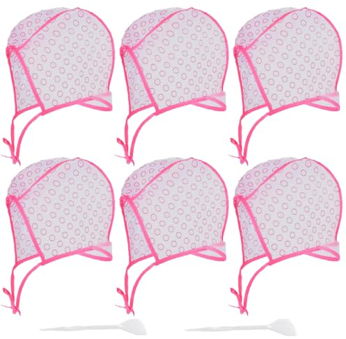 6 Pcs Highlight Caps, Hair Highlighting Cap, Hair Coloring Frosting Dye Kit with 2 Pcs Plastic Hooks for Salon DIY Hair Dyeing Hairdressing (Pink)