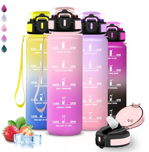 Grsta Gourde 1l, Gourde Sport, Anti Fuite, Bouteille Graduée pour 1 Journee, Facile à Transporter, Bouteille Graduée, avec Slogan de Motivation, avec Verrou de Sécurité, pour Camping, Randonnée, Yoga