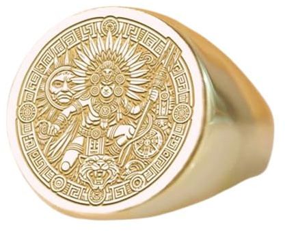 925 sterlingsilver aztek krigargud | guldpläterad ring | rund sigillring 15 x 15 mm | Ringstorlek US 5–12,5 avelaibal | LKDR_0707