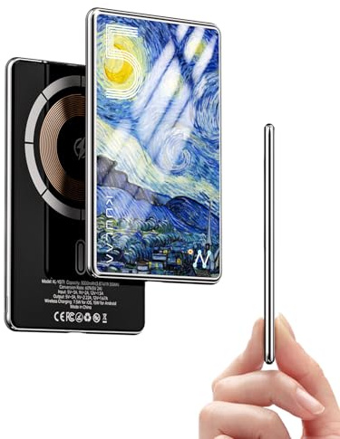 Power Bank Ultra Slim,MagSafe PowerBank 5000mAh 6.9mm,PD20W Kleine Powerbank Magnetische Wireless Externe Handyakkus für iPhone 17/16 Pro/15/14/13/12 Series,Aber Stark Schutzglas