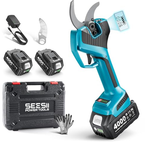 SEESII Forbici Potatura a Batteria 55 mm, Forbici Elettriche con Luce LED, 2×4000 mAh Batterie, Lama SK5, Motore Brushless e Display LCD, Ideale per Frutteti, Giardinaggio e Potatura Professionale