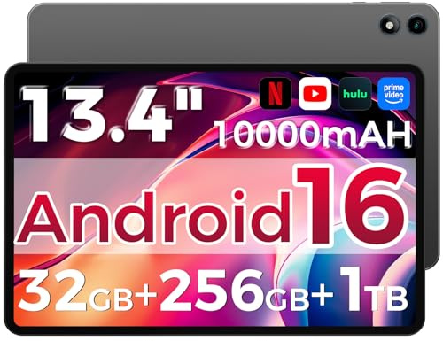 RebotAi Android 16 Tablet,13.4 inch Large Tablet with Octa-Core Processor, 32GB RAM + 256GB ROM, 10000mAh Battery,1920x1200 IPS, 2.4/5Ghz Dual WiFi/5+8MP/GPS/Gemini AI/Widevine L1, Case Included