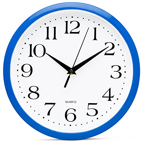 Bernhard Products 10 Inch Blue Quartz Analog Wall Clock - Silent, Easy to Read, Quality Construction, Simple Design, Lightweight, Easy to Hang, Battery Operated