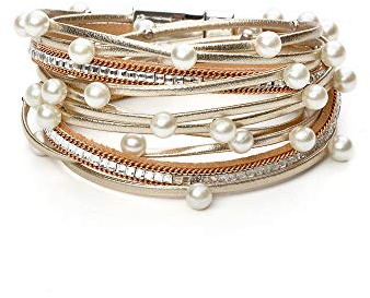 Fesciory Mothers Day Gifts for Mom Leopard Bracelet for Women, Boho Leather Wrap Multi-Layer Pearl Crystal Bracelet Bangle Jewelry(Pearl)