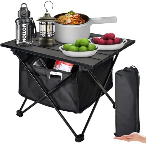 Audoyon Foldable Camping Side Table, Ultralight Small Beach Aluminum, Portable Outdoor Table with Carry Bag and Storage for Picnic, Grill, Hiking, Fishing, Sand, Camping, Black