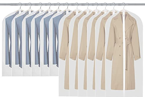 Garment Bags, 12 Pack Set 60 x 100cm / 60 x 120cm Breathable Suit Bag Covers with Zip, PEVA Clothes Cover Bags Coat Garment Bags Waterproof Moth Proof Dress Cover Bags for Wardrobe Storage and Travel