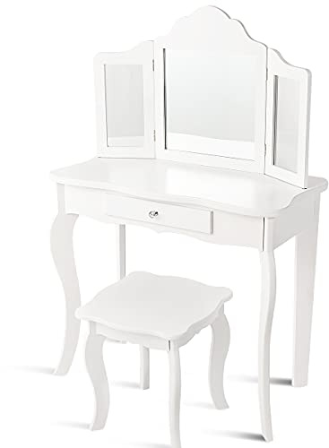 Maxmass Kids Vanity Table and Stool, 2-in-1 Wooden Dressing Table Set with Tri-folding Mirror & Drawer, Girls Makeup Dresser Desk for Children