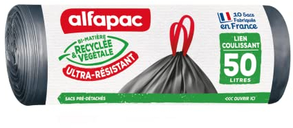 alfapac - Sacs Poubelle à Lien Coulissant - Ultra-Résistants - Bi-Matière Recyclée et Végétale - Fermeture Pratique - Antifuite - Fabrication Française - 10 x 50L