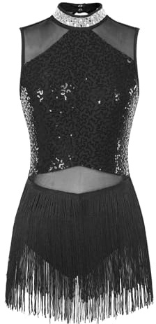 CHICTRY Tassel Vestito da Balletto Donna Abito da Ballo Jazz Latino Americano con Nappa Paillettes Leotard Body da Ballerina Samba Rumba Tango Danza Classica Nero S