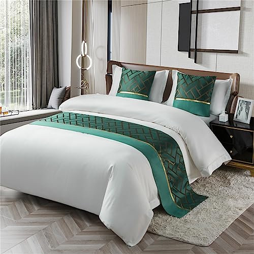 Morbuy Runner Letto con Cuscini, Estivo Corridore del Letto Morbido Confortevole Sciarpa da Letto Modern Scarf Runner Hotel Bed Runners Decorazione Letto Matrimoniale (Verde Scuro Oro,50x210+50x50cm)