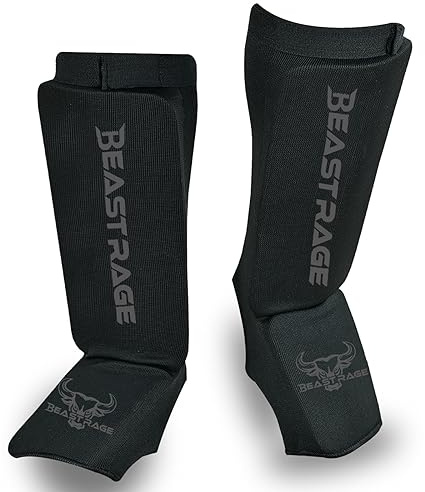BEAST RAGE Protège-Tibias pour Muay Thai, Kickboxing, MMA, Taekwondo, Boxe, Arts Martiaux, Chaussettes élastiques rembourrées, Coussinets de Protection du Cou-de-Pied, protège-Tibias, entraînement