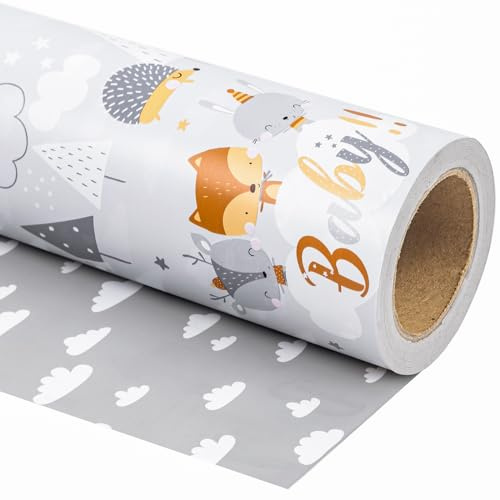 Holijolly Papier d'emballage réversible - Mini rouleau - 43.2CM×10M - Design animalier gris, parfait pour la douche de bébé, l'anniversaire, la fête, les vacances