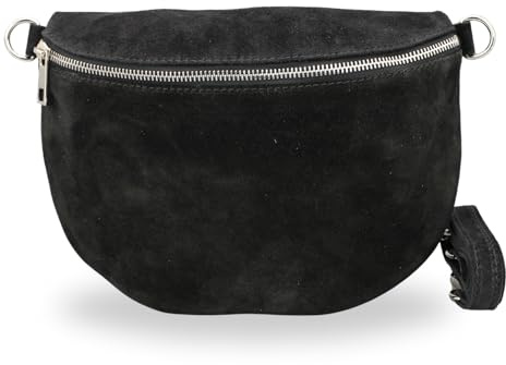 Brise Art Bauchtasche Damen Wildleder AFIA Handgemachte Umhängetasche Crossbody Bag mit Ledergurt 3 Fächer Schultertasche Stylische Hüfttasche Gürteltasche Made in Italy (Schwarz - 1)