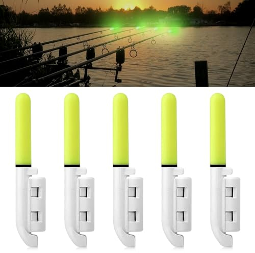 Riisoyu 5 Stück Angel-Alarmglocken, LED Wasserdicht Knicklichter Angeln Leuchtende LeuchtstäBe Mit Schnalle LED Bissanzeiger Rutenspitze für Nachtangeln, Grün