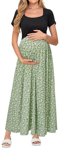 OUGES Donne Estate Maxi Vestito Manica Corta Vestito Lungo Casual maternità con Tasche
