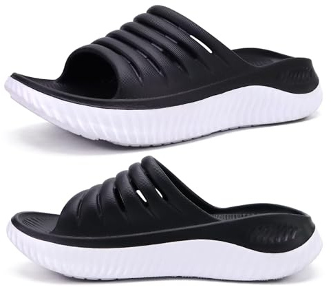 KuaiLu Womens Recovery Sandals Sport Comfort Arch Support Cushion Athletic Sliders Orthotic Plantar Fasciitis Open Toe Slip On Wide Thick Sole Sandal Summer Pool Beach Slippers BlackWhite Size 6.5