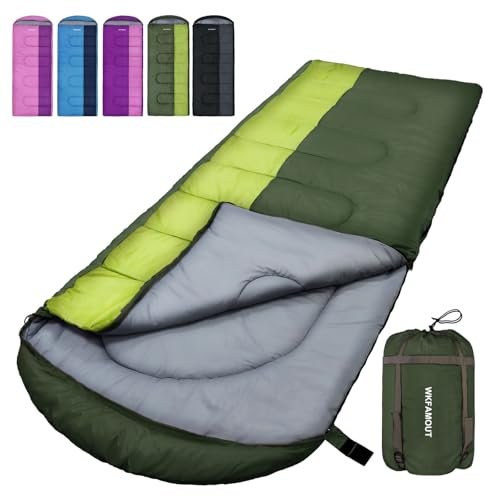 WKFAMOUT XL Schlafsack Outdoor 10℃ Deckenschlafsack für Erwachsene Maschinenwaschbar Schlafsäcke 3–4 Jahreszeiten mit Kompressionssack Camping Wandern 220x85CM Olive