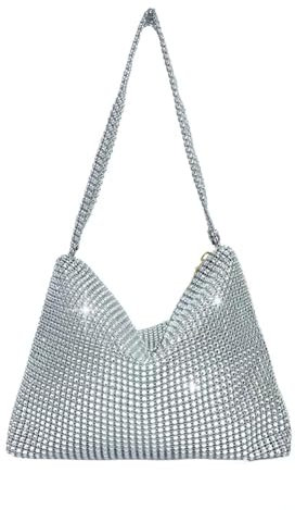 Fokroin Damen Clutch Glitzer Abendtasche, Silberne Tasche Mit Hoher Kapazität und Reißverschluss, Strasssteine Clutches für Hochzeit, Party, Freizeit, Date