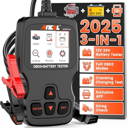 ANCEL AD310 Pro 3 in 1 OBD2 Code Reader and Car Battery Tester, Bluetooth OBD2 Scanner with APP, 12V 24V 100-2000 CCA Battery/Cranking/Charging Test, for All Car Engine