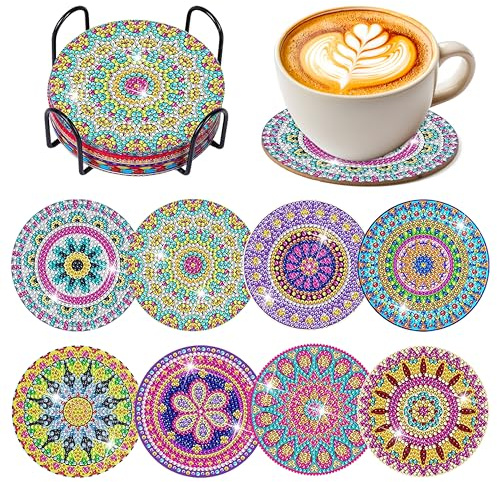 GoaePode Diamond Art Coasters Kit - 8pcs DIY Mandala Diamond Coaster Set with Holder for Adults, Beginners & Kids, Cork Backing Complete Craft Coaster Supplies for Birthday