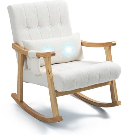 AVAWING Upholstered Rocking Chair with Massage Lumbar Support, Comfy Rocker Glider for Nursery, Modern High Back Armchair for Living Room, Indoor Chair for Petite, Teddy Fleece, White