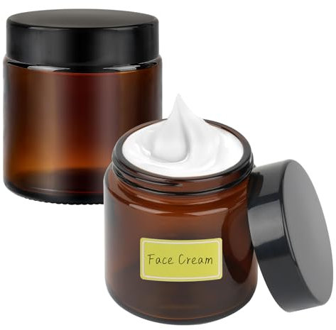 Lot de 2 boîtes à crème en verre ambré à remplir, 100 ml, pot à pommade, récipient à crème en verre ambré avec spatule et autocollant, boîte vide pour lotion, crème, cosmétique