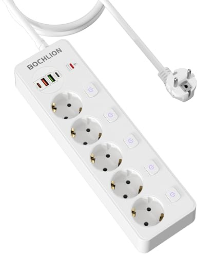 BOCHLION Regletas Enchufes con USB, 5 Toma de Corriente y 4 USB Puertos (PD 20W & QC 3.0), Enchufe Multiple Proteccion Sobretension con Interruptor Independiente, Regleta Pared y Cable 1.8 m, Blanco