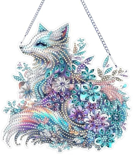 CAYUDEN Diamant Peinture Pendentif Adultes, 5D Renard Diamond Painting Ornements avec Chaîne pour Enfants, DIY Diamond Plaque de Porte de Pendant Porte Suspension Décor, Cadeaux