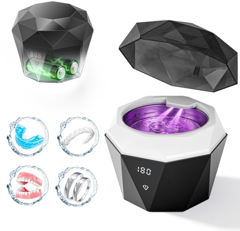 15W Ultrasonic Retainer Cleaner with 2 * 2000mAh Rechargeable Battery, LUMYSPACE 43±5KHz Denture Cleaner Machine, Digital Timer & U-V-C Lights for Braces Night Guard Mouthguard Aligners Jewelry