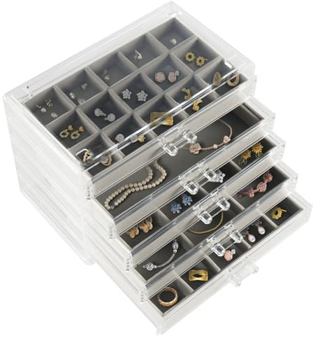 CROWNSHOP Jewellery Box 5 Drawers Acrylic Jewellery Storage Organiser Box Adjustable Earring Storage Box Clear Jewellery Storage Organiser for Rings Earrings Necklace Makeup Cosmetic