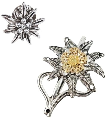 TAKONE Edelweiss Lot de 2 broches en métal bicolore Parfait pour chapeau d'homme, veste et tenue de fête de la bière