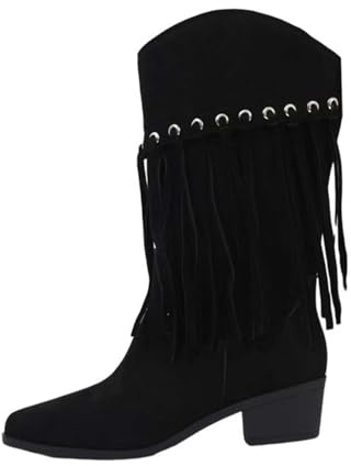Botas occidentales para mujer, con flecos, con tacón, medias botas con tacón de bloque, botas de vaquero vintage, botas de flecos occidentales, botas de entretiempo, cómodas botas de invierno, Negro