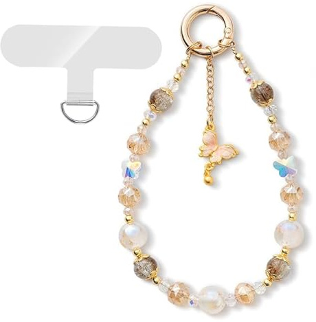 GUOYOU Chaine Telephone Portable Perle Dragonne Papillon Lanyard Accessoire Telephone Poignet Court Bracelet Charm en Pierre Compatible avec des Smartphones pour Femmes et Filles