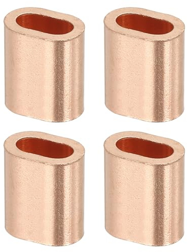 QUARKZMAN 1/4(6mm) Manguito De Parada para Cable De Acero. Bucles De Crimpado De Cobre Manguitos Ovalados para Cable De Acero Y Ferrrotería. Dorado 4Pcs