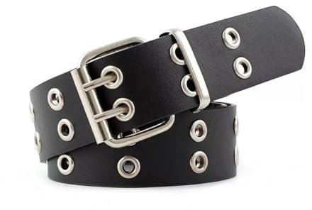 Double Grommet Punk Style Belt, Studded PU Leather Strap with Rivet Detailing, Gothic Fashion Accessory for Jeans and Pants, Edgy Bullet Belt Look for Concert Apparel and Alternative Style Wearers